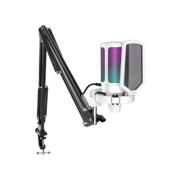 FIFINE AmpliGame A6T USB Gaming Condenser Microphone Kit White with RGB, Touch Mute & Boom Arm